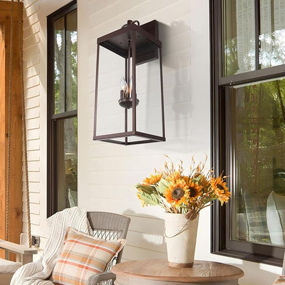 Outdoor Wall Sconce Light, 28 Inch Tall Transitional Exterior Wall Bracket Lighting with Clear Glass, Modern Anti-Rust Outside Bronze Carriage Lantern Lamp for Front Porch Corridor Doorway Patio