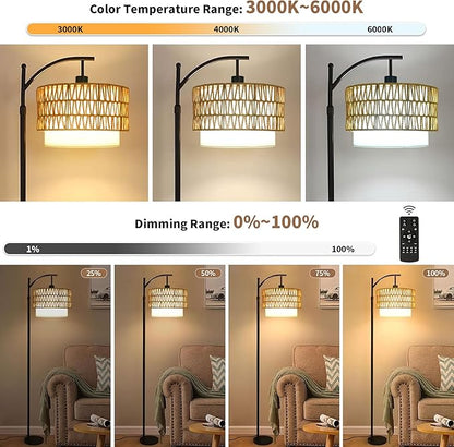 Arc Floor Lamp for Living Room Boho Floor Lamps with Remote Control & with 3 Color Temperatures,Rattan Wicker Standing Lamp Dimmable Tall Floor Lamp for Bedroom Living Room Corner