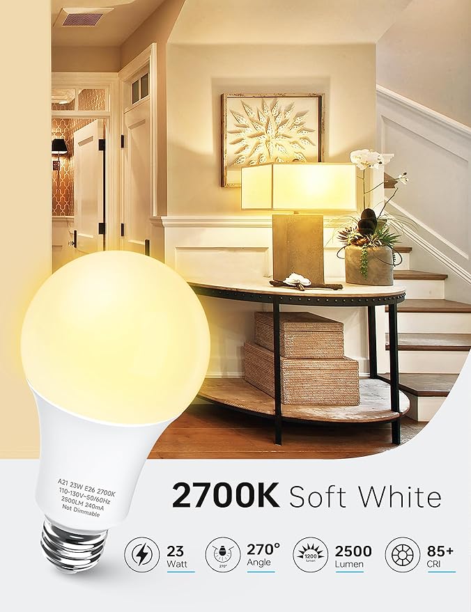 KINDEEP A21 LED Light Bulbs Soft White, 150-200 Watt Equivalent E26 LED Bulbs, 23W Super Bright Light Bulbs, 2500 Lumens, 2700K Soft White for Home Bedroom Living Room, Non-Dim, 6 Pack