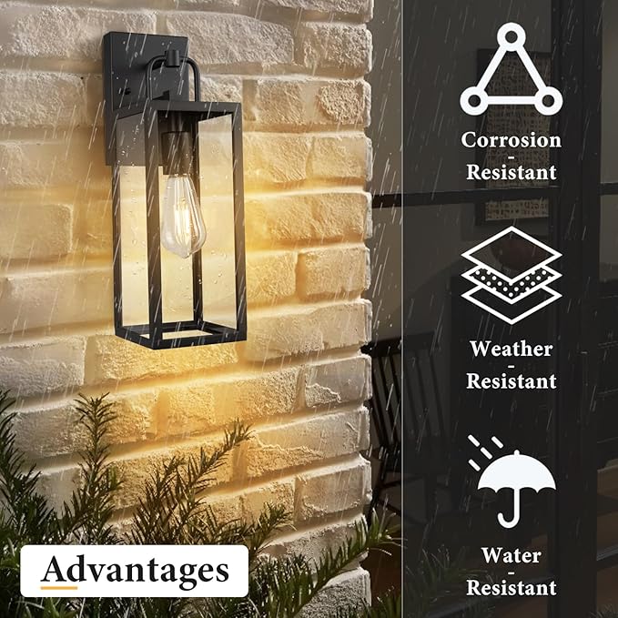 Outdoor Wall Sconce Lights, 16 Inch Tall Transitional Exterior Wall Light Fixtures with Clear Glass, Anti-Rust Modern Black Outside Lanterns Lamps for House Front Porch Doorway Patio, 2 Pack