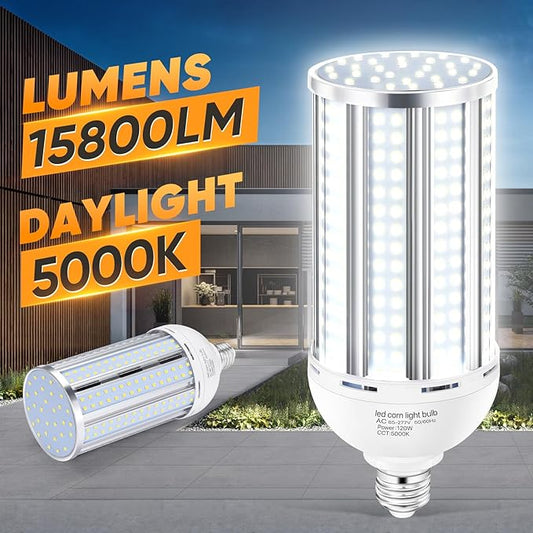 2 Pack 120W Corn LED Light Bulb Fanless,5000K Daylight(1200 Watt Equivalent) E26/E39 Large Mogul Base LED Cob Lamp 15,800LM for Outdoor Indoor Garage Warehouse Factory Workshop Street Backyard