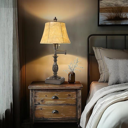 23.5" Rustic Traditional 350° Adjustable Swing Arm Table Lamp Set of 2 with USB A+C Ports Brown Finish Faux Leather Shade Vintage Nightstand lamp for Living Room Bedroom Office (Bulb Included)