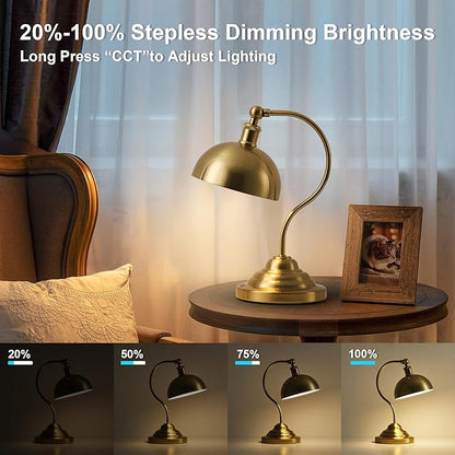 Cordless LED Table Lamp, 180° Swing Arm Desk Lamp, Rechargeable, Dimmable/3 Color/Memory Function, Vintage Rechargeable Table Light for Living Room,Bedroom,Bedside, Brass