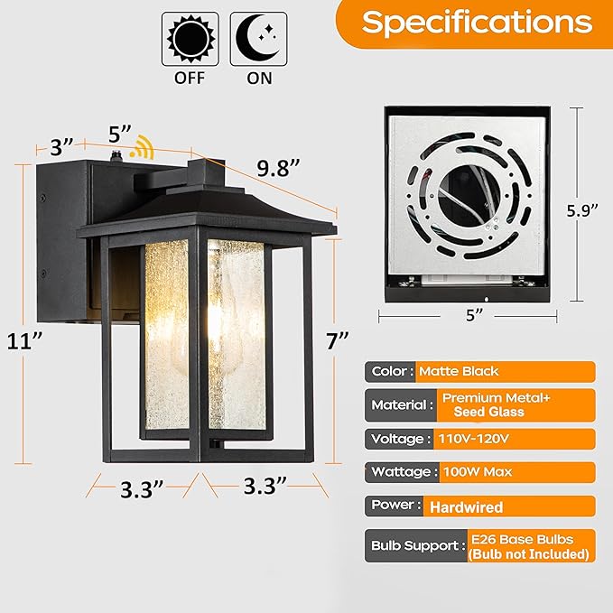 ALOADECOR 1 Light Black Exterior Light Dusk to Dawn Sensor Outdoor Lights Garage Wall Lights with Seeded Glass Front Porch Light Fixtures with GFCI Outlets for Outside Garden Porch Patio
