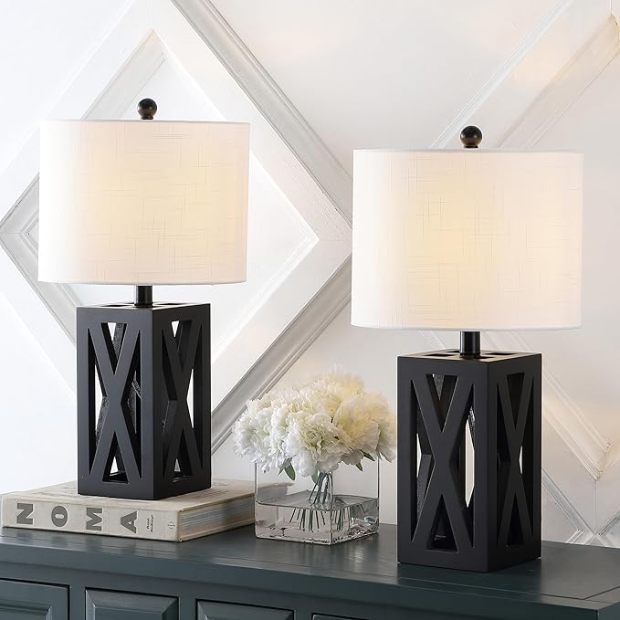 JONATHAN Y JYL1062C-SET2 Stewart 21.5" Wood LED Table Lamp Farmhouse, French Country, Rustic, Bohemian, Bedroom, Living Room, Office, College, Bookcase, Black (Set of 2)