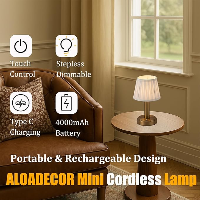 11'' Vintage Antique Brass Type-C Rechargeable Cordless LED Table Lamp Touch Control Mini Desk Lamp with Fabric ShadeDimmable Nightstand Light for Bedroom Living Room Study Room