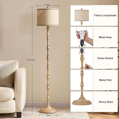 63.5'' Floor Lamps for Living Room, Farmhouse Floor Lamp for Bedroom with 3 Color Temperatures, Vintage Standing Lamps for Living Room, Living Room Light, Chain Switch, Bulb Included, Cream
