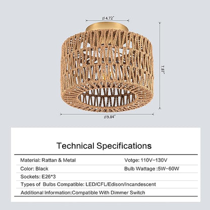 Rattan Ceiling Light, 1 Light Bohemian Modern Woven Flush Mount Ceiling Light, Boho Light Fixture for Bedroom Living Room Dining Room, Gold Finish