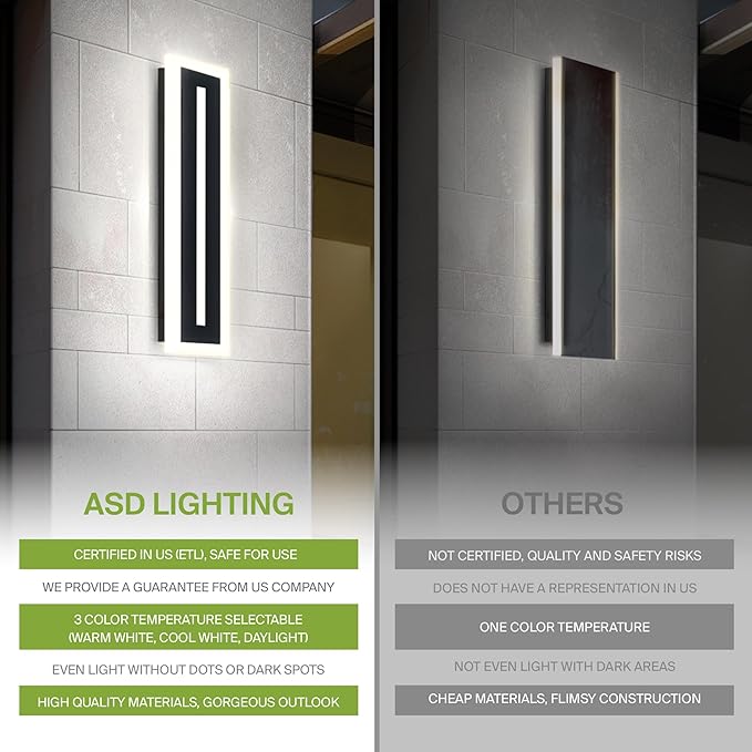 ASD LED 24" Long Wall Mount Light Fixture, Outdoor & Indoor Linear Sconce | 3CCT, Dimmable, Waterproof, Anti-Rust, ETL Listed | 24W 1630LM 3000-5000K 100-277V | Exterior Porch Lighting | Black, 2 Pack