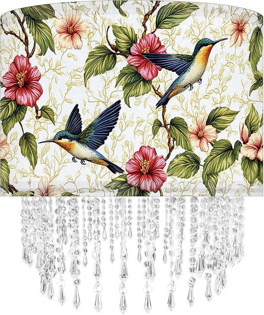Hummingbird Floral Lamp Shade with Acrylic Bead Droplets, Spring Humming Bird Flower Fabric Light Shade for Pendant Table & Floor Lamps, Memorial Gift for Bird Lover, 15.7in