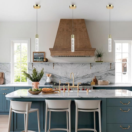 Pendant Lights Kitchen Island, 6500K Modern Kitchen Island Lights Brushed Gold, 1 Pack Ceiling Lighting Fixtures with Crystal Bubble, Integrated LED Hanging Light for Dining Room Restaurants