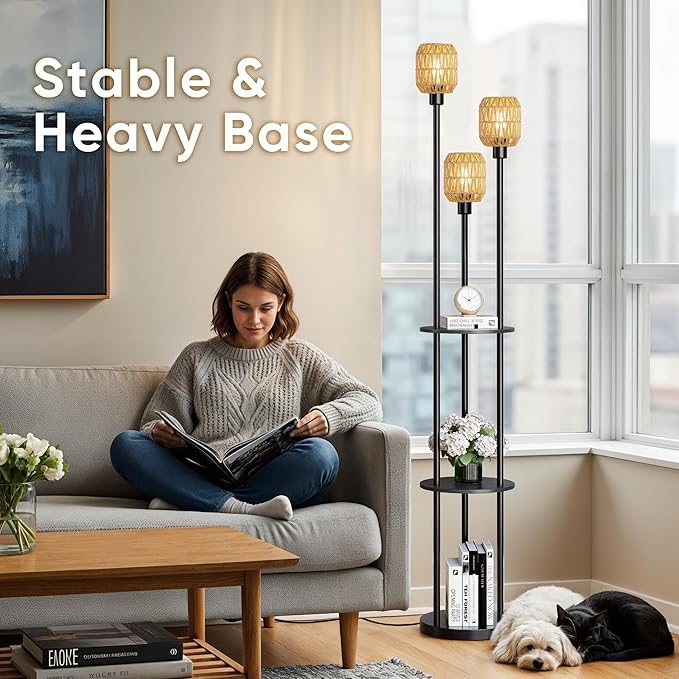WIHTU 70" Boho Floor Lamp, Dimmable Rattan Floor Lamp with Shelves, 3 Lights Rustic Tall Lamps with Rotary Switch, Farmhouse Standing Lamps for Living Room, Bedroom，Office (Includes 3 Bulbs)