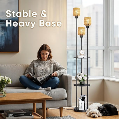 WIHTU 70" Boho Floor Lamp, Dimmable Rattan Floor Lamp with Shelves, 3 Lights Rustic Tall Lamps with Rotary Switch, Farmhouse Standing Lamps for Living Room, Bedroom，Office (Includes 3 Bulbs)