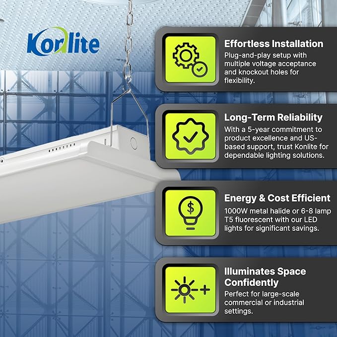 Konlite - 2 FT Linear LED Shop Lights, 105W, 14,170LM Bay Ceiling Shop Light for Commercial & Industrial Use, Non-Maintenance Shop Lights for Workshop, Garage Light, 5000K Daylight, Dimmable 1-10V