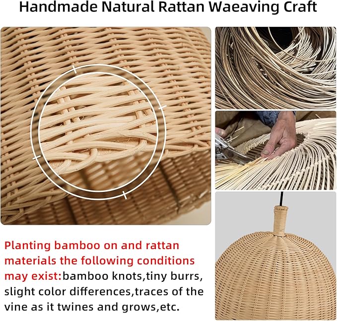 3-Light Rattan Pendant Light,13.77" Rustic Oval Hanging Light,Wicker Pendant Light Hand-Woven Rattan Chandelier for Public Place Dining Living Bedroom Kitchen Farmhouse