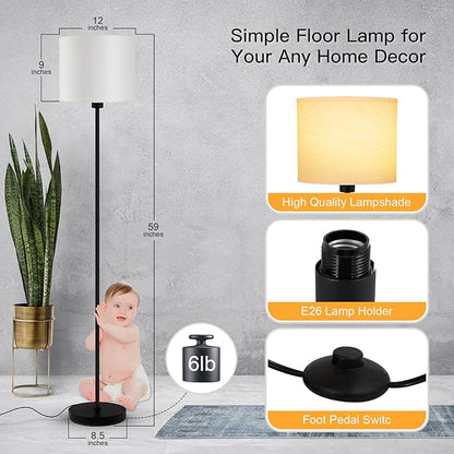 Floor Lamps for Bedroom, Small Standing Lamp with Bulb(12W, 2700K), White Lampshade, Foot Switch, Simple 59" Tall Pole Lamps for Kids Room/Girls Room/Boys Gift/Living Room/Classroom, Boho Reading Lamp
