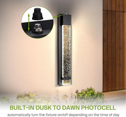 ASD LED 24" Bubble Glass Wall Light Fixture, Outdoor Dusk to Dawn Sconce | 3CCT, Waterproof, Photocell, ETL Listed | 12W 500LM 3000-5000K 120V | Exterior Lantern, Porch Lighting | Black, 2 Pack