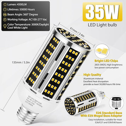 35W 6 pack LED Corn Light Bulb 3000K,(300W Equivalent ) Commercial Grade warm white E26/E39 5000LM Medium Mogul Base LED Lamp,Large Area Lights For Outdoor Indoor Garage Warehouse Factory Bay Light