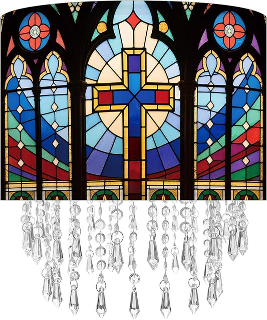 Cross Stained Glass Lamp Shade with Acrylic Bead Droplets, Drum Fabric Light Shade for Ceiling Pendant Table & Floor Lamps, Religious Christian Jesus Prayer Gift, 11.8in