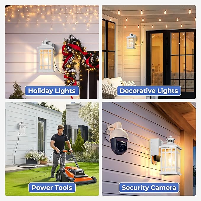 White Motion Sensor Outdoor Lights with GFCI Outlet, Distance and Time Adjustable Exterior Lighting Fixtures, Dusk to Dawn Outside Light for House, Porch, Garage, 5 Modes, Waterproof, Anti-Rust