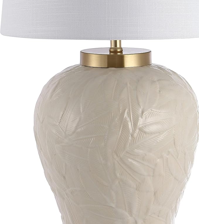 JONATHAN Y JYL6617A 31.5" Bohemian Palm Leaf Ceramic Table Lamp, Cream Cottage Bedside Lamp for Living Room, Bedroom Nightstand, Coastal End Table Lamp with White Linen Shade, LED Bulb Included
