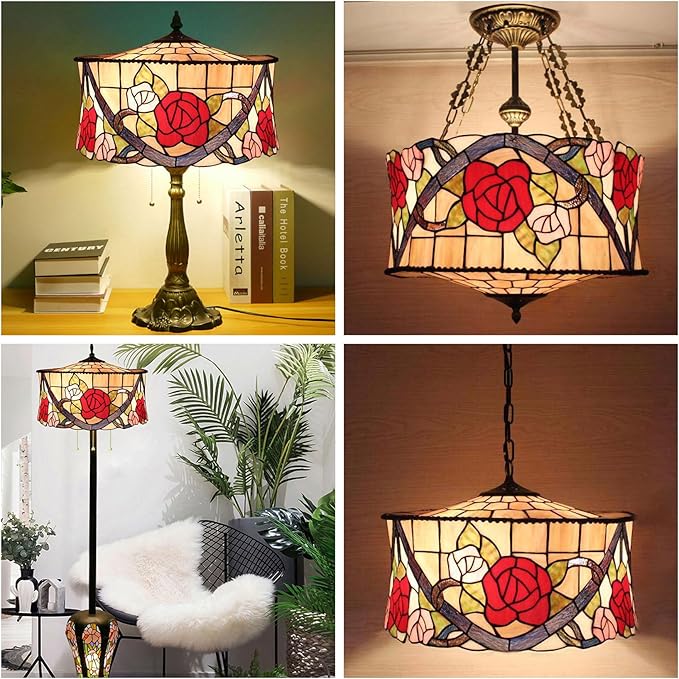 18 Inch Lamp Shade Replacement, Only Tiffany Stained Glass Lamp Chimney Straw Hat Floral Design, Baroque Rose Sunflower Orange Green Beige Fit for Table Lamp Pendant Light Floor Lamp,E