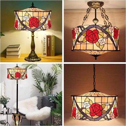 18 Inch Lamp Shade Replacement, Only Tiffany Stained Glass Lamp Chimney Straw Hat Floral Design, Baroque Rose Sunflower Orange Green Beige Fit for Table Lamp Pendant Light Floor Lamp,E