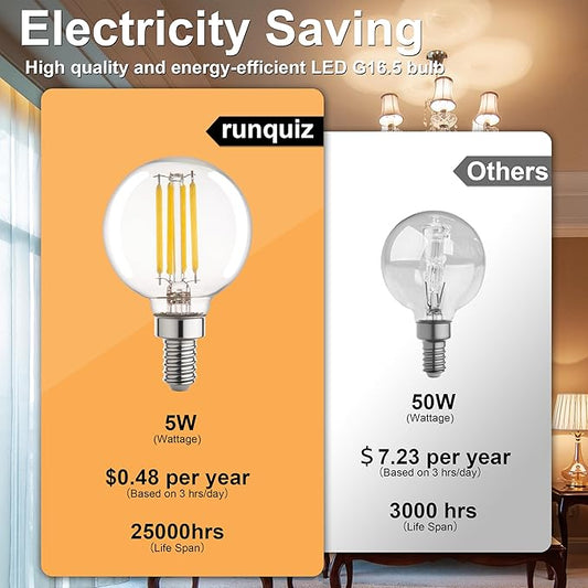 G16.5 Led Bulb, Small Round Edison Light Bulbs, Dimmable E12 Globe Clear Vanity Light Bulbs, 5w 4000k Vintage LED Filament Edison Bulb