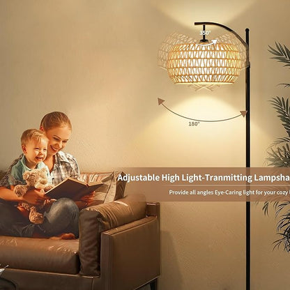 Arc Rattan Floor Lamp for Living Room with 3 Color Temperatures,Farmhouse Floor Lamps with Remote & Dimmable Bulb,Boho Standing Lamp with Wicker Shades,Adjustable Tall Lamp for Bedroom Office Reading