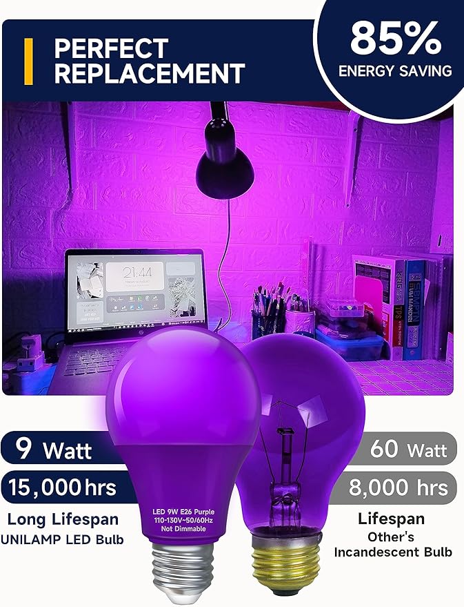 UNILAMP A19 Purple Light Bulb, 9W Equivalent 60Watt, Purple LED Bulb, LED Orange Colored Light Bulbs, E26 Base for Christmas Halloween, Party Decoration, Holiday Lighting, Non Dimmable, 4 Pack