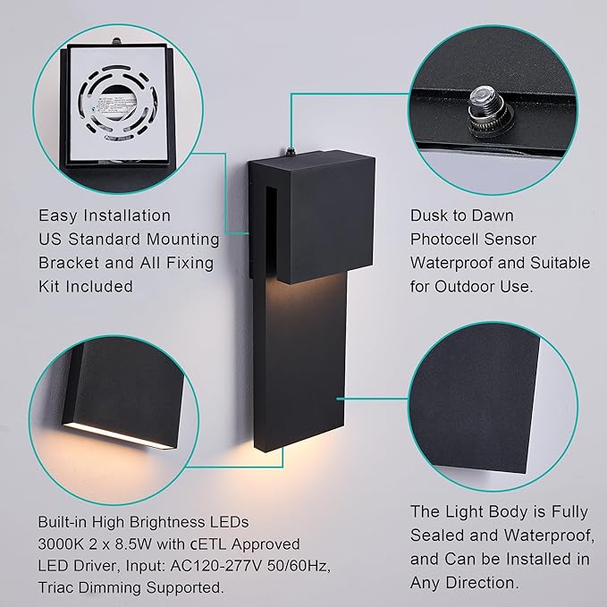 Dusk to Dawn Outdoor Wall Lights 2 Packs,Modern Minimalist Outdoor Fixture Wall Mount,Anti-Rust Sturdy & Sleek Outside Lights for House Porch Garage Patio,3000K 17W Integrated LED
