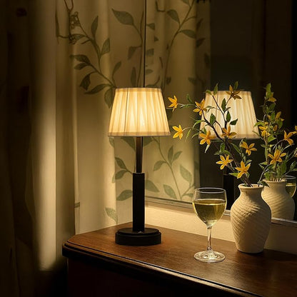 H16 Inch Modern Classic Black Fabric Shade Rechargeable LED Table Lamp Touch Control Cordless USB Nightstand Lamp with Stepless Dimming for Bedroom Gift for Christmas