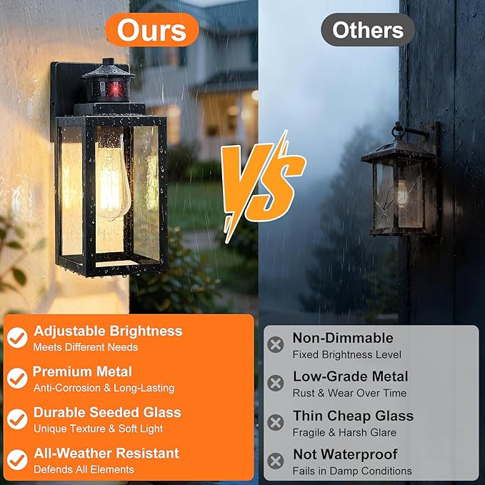 BesLowe 2-Pack Motion Sensor Outdoor Wall Lights, Dusk to Dawn Porch Lights Outdoor Sconces with Seeded Glass, Black Exterior Lighting Fixtures Wall Mount, Outside Lights for House Front Door Garage