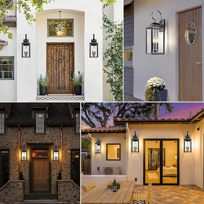 2 Packs 24" Extra Large Outside Wall Light Fixture 3-Light, Black Outdoor Porch Lantern Wall Mounted, Waterproof Modern Outside Wall Sconce Coach Lamp for House, E12