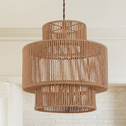 Boho Rattan Lamp Shades for Pendant Light Chandelier Floor Lamps Replacement,Rustic 3-Tier Drum Lamp Shade with Hand-Woven Rattan for Living Room Kitchen Dining Room Office Hotel.