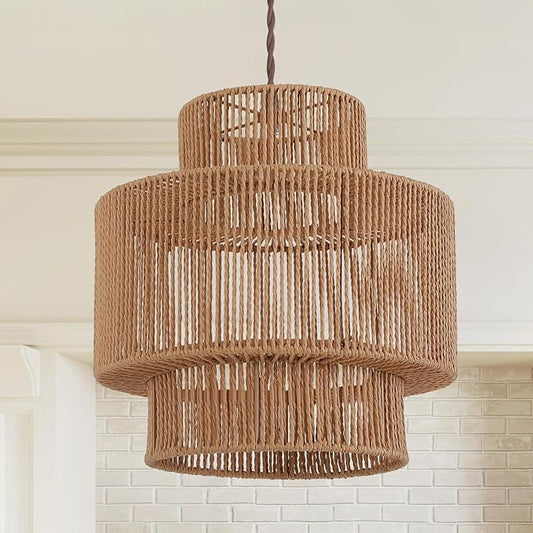 Boho Rattan Lamp Shades for Pendant Light Chandelier Floor Lamps Replacement,Rustic 3-Tier Drum Lamp Shade with Hand-Woven Rattan for Living Room Kitchen Dining Room Office Hotel.