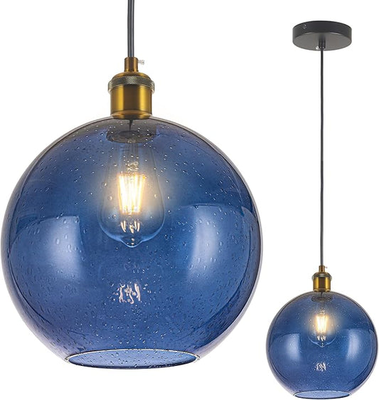 Blue Glass Pendant Lights Kitchen Island Lighting Modern Globe Pendant Light Fixtures Modern Pendant Lights for Kitchen Island Bedroom Living Dining Room Light Fixture-7.8Inch
