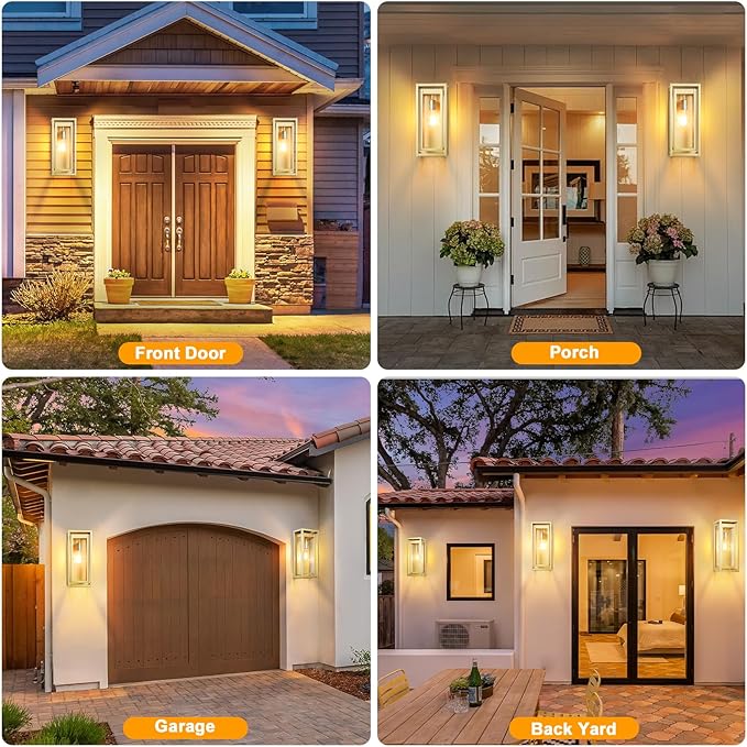 15" Large Gold Outdoor Light Fixture Wall Mount, 2 Pack Waterproof Outdoor Sconces, Modern Wall Lights with Clear Glass Shade for Front Door, Porch, Garage
