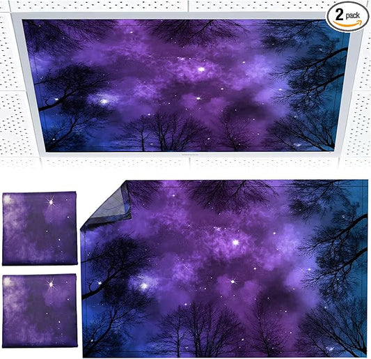 2pcs Fluorescent Light Covers - Light Covers for Ceiling Lights Classroom, Magnetic Light Filters for Office, Hospitals, Home 4 x 2 Feet (purple nebula)