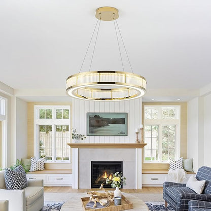 Modern Gold Led Pendant Light,50W Dimmable LED Chandelier Lighting Fixture, 1 Ring Circular Hanging Led Pendant Lighting for Living Room Dining Room Kitchen Island Foyer Office