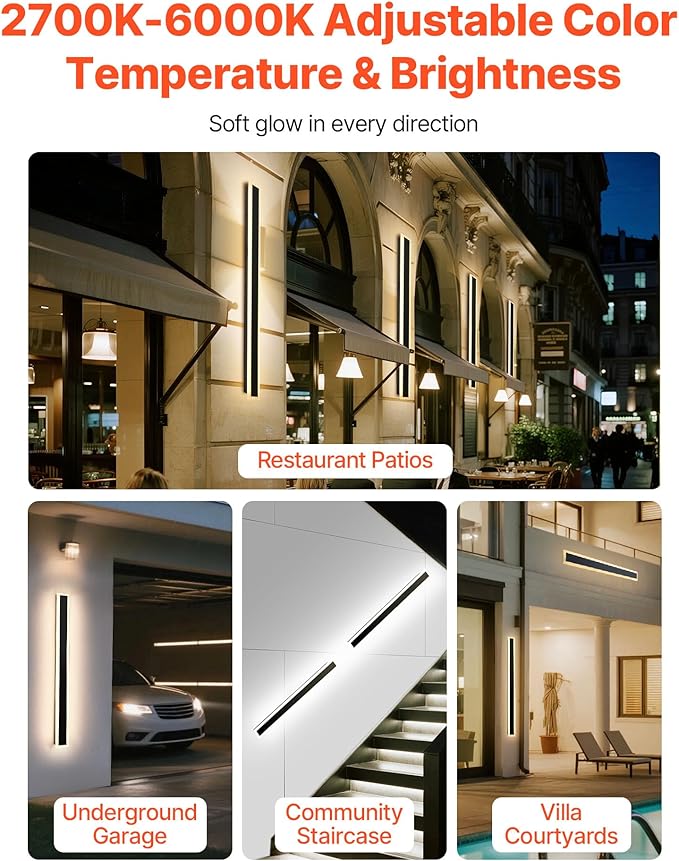 VEVOR Outdoor Wall Lights, 2 Pack, 39.4 Inch Long Strip Modern Exterior Wall Sconce Light Fixtures, 2700K-6000K, IP65 Waterproof Anti-Rust, Dimmable Outside Wall Mount Lighting, for House Porch Garage