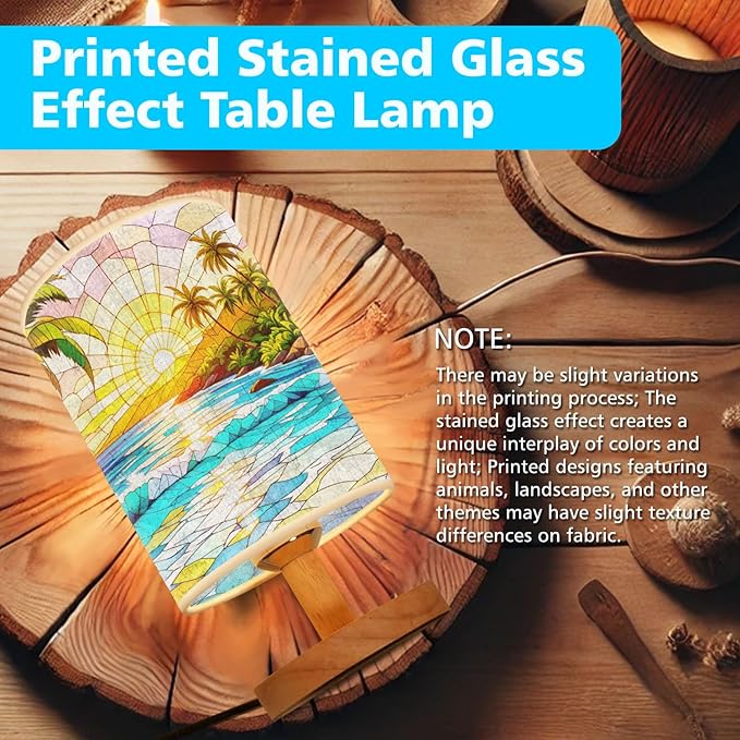 Tropical Island and Blue Ocean Table Lamp LED 3-Color Pressed Bedside, Tropical Island and Blue Ocean Shade Lamp with Wood Base for Bedroom Living Room Desk Office TL01