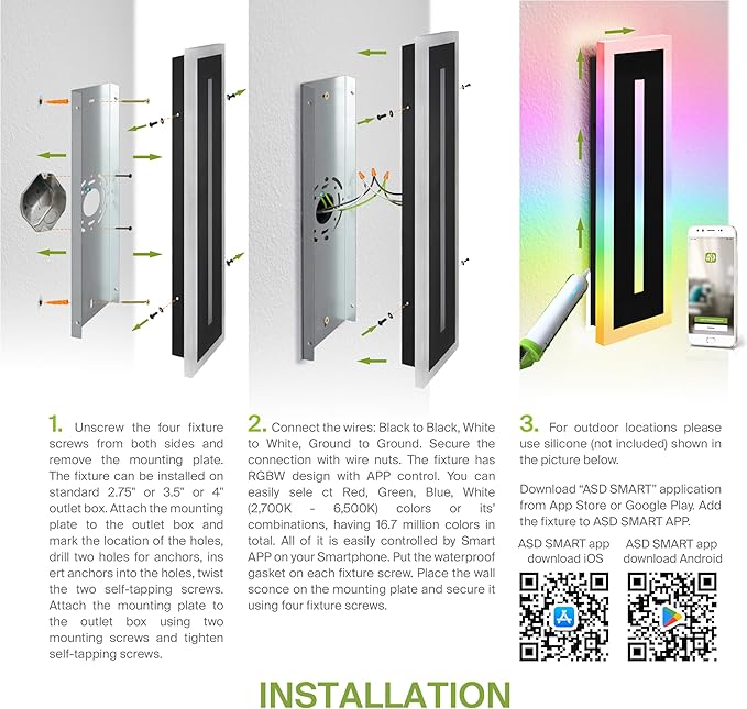 ASD LED 18" Long Wall Mount Light Fixture, Outdoor & Indoor Linear Sconce | RGBW, Smart, Waterproof, Anti-Rust, ETL Listed | 20W 950LM 2700-6500K 100-277V | Exterior Porch Lighting | Black