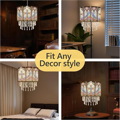 Cross Stained Glass Lamp Shade with Acrylic Bead Droplets, Drum Fabric Light Shade for Ceiling Pendant Table & Floor Lamps, Religious Christian Jesus Prayer Gift, 11.8in