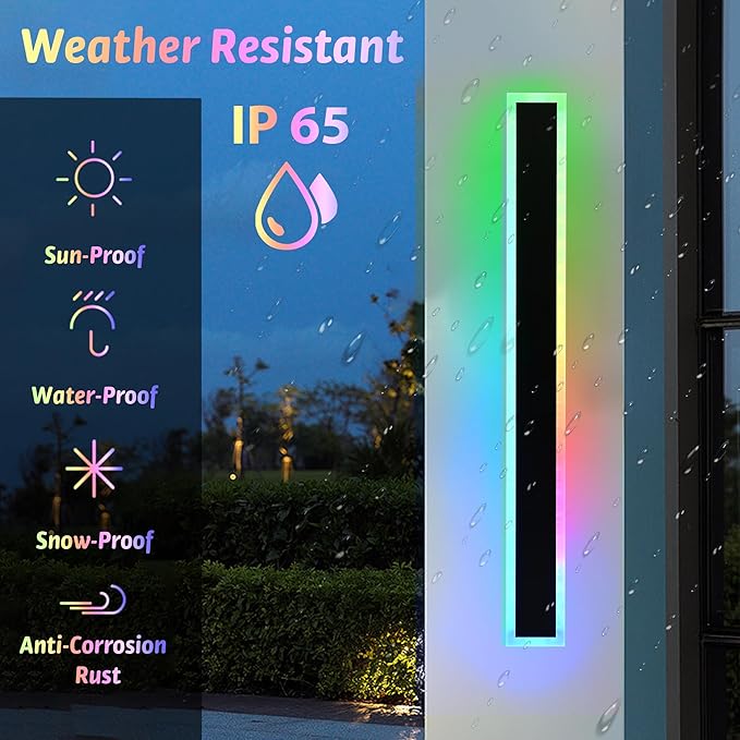 MELUCEE 2pcs 60in Long RGB Outdoor Wall Light Fixture, 5.1in Wide Dimmable Exterior Wall Lights IP65 Waterproof for Garage and Front Door, Long Outside Wall Sconce Black LED Outdoor Entrance Lighting