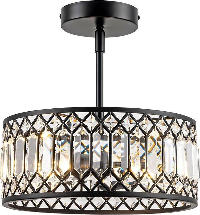3-Light Crystal Ceiling Light, Modern Semi Flush Mount Light Fixture, Black Crystal Chandelier for Kitchen Bedroom Bathroom Entryway Hallway