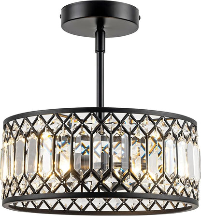 3-Light Crystal Ceiling Light, Modern Semi Flush Mount Light Fixture, Black Crystal Chandelier for Kitchen Bedroom Bathroom Entryway Hallway