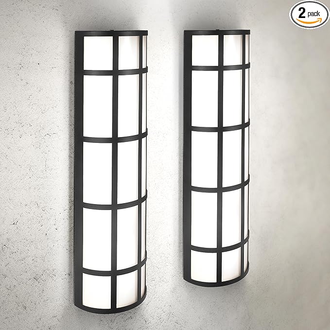 ASD 24 Inch LED Outdoor Wall Mount Light Fixture with Grid - Matte Black Modern Wall Sconce - 25W 120-277V 3000K 4000K 5000K Adjustable - Dimmable Exterior Lights - Front Door, Patio - ETL 2 Pack