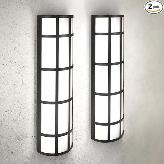 ASD 24 Inch LED Outdoor Wall Mount Light Fixture with Grid - Matte Black Modern Wall Sconce - 25W 120-277V 3000K 4000K 5000K Adjustable - Dimmable Exterior Lights - Front Door, Patio - ETL 2 Pack