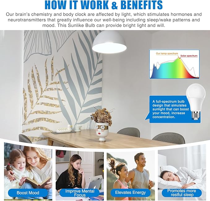 Neporal Full Spectrum Light Bulb, 6000K Natural Sunlight Bulbs, Cool White, 9W 60W Equivalent A19, E26/E27 LED Light Bulbs for Study Office Bedroom Living Room, Pack of 3